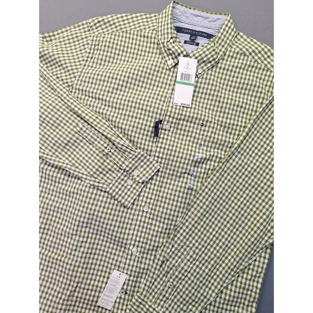 Tommy Hilfiger Men's Large Classic Fit Green Gingham Check Preppy Office Casual